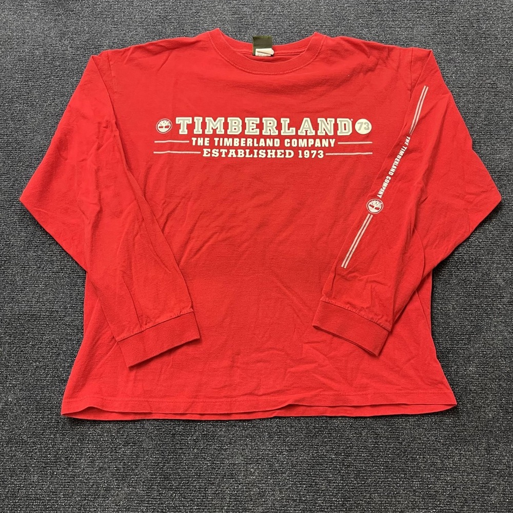 Vintage Timberland Shirt Mens Large Red Long Sleeve Logo Tee T-Shirt Made USA‎